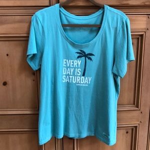 LIFE IS GOOD EVERY DAY IS SATURDAY Palm Tree Cotton Crusher Tee Top L Large